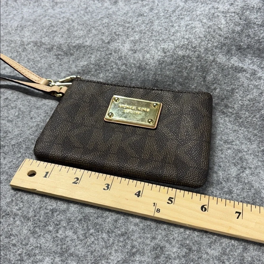Michael Kors MK Brown Leather Wristlet Monogram Small Purse Mini Brown